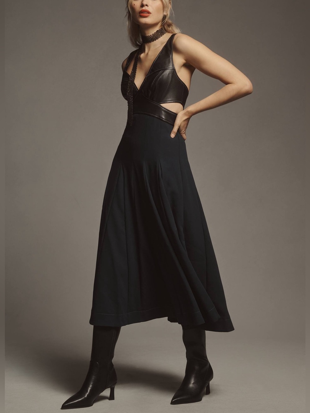 Anthropologie Black Faux Leather Cutout A-Line Midi Dress Size 4